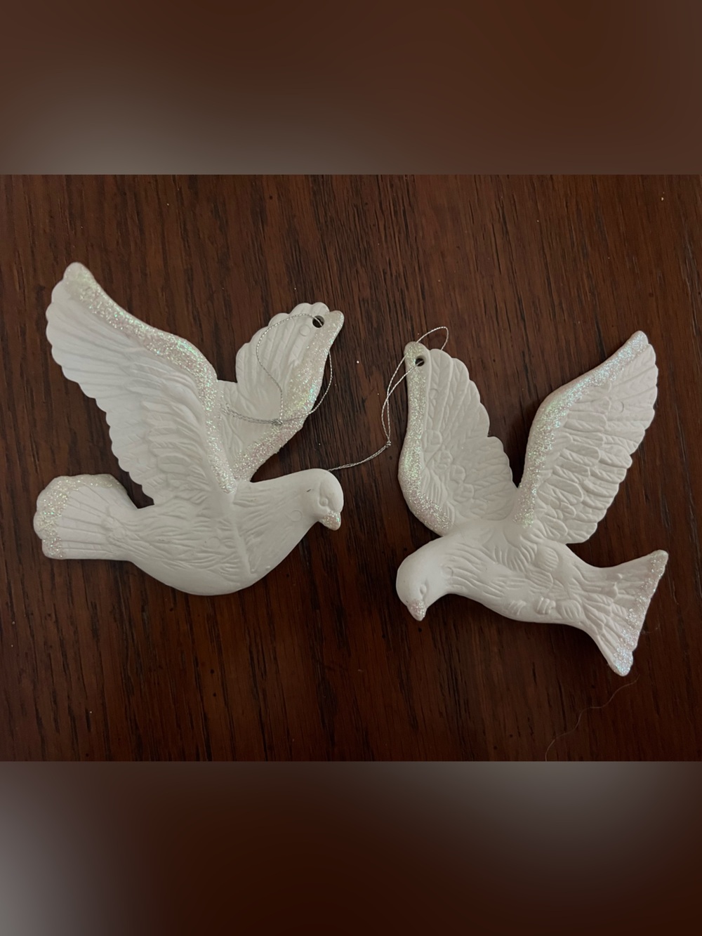 Vintage, White Bisque Porcelain Dove  Ornaments Glitter Trim Set of 2 w/box